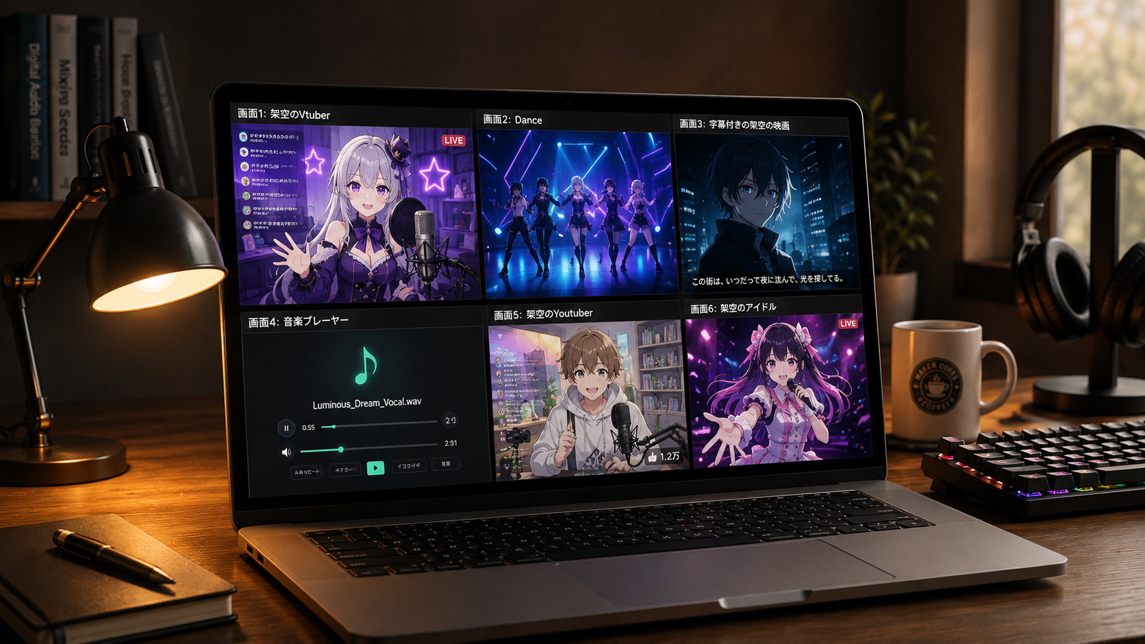 ノートPCで6分割のメディアを同時再生する Monilit の操作画面